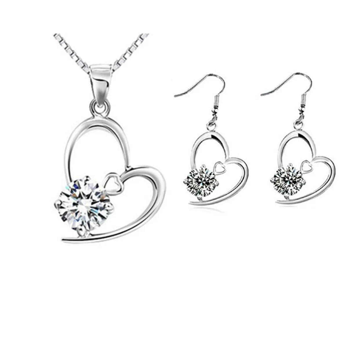 Wholesale Simple Heart Zircon Two Tone Ladies Pendant Necklace Earring Set