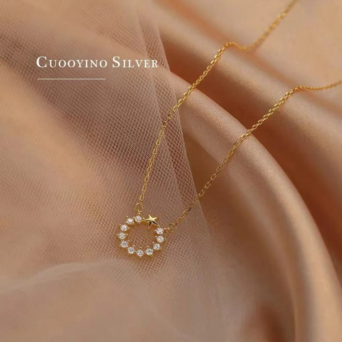 Wholesale Simple Style Circle Star Sterling Silver 14k Gold Plated Zircon Necklace