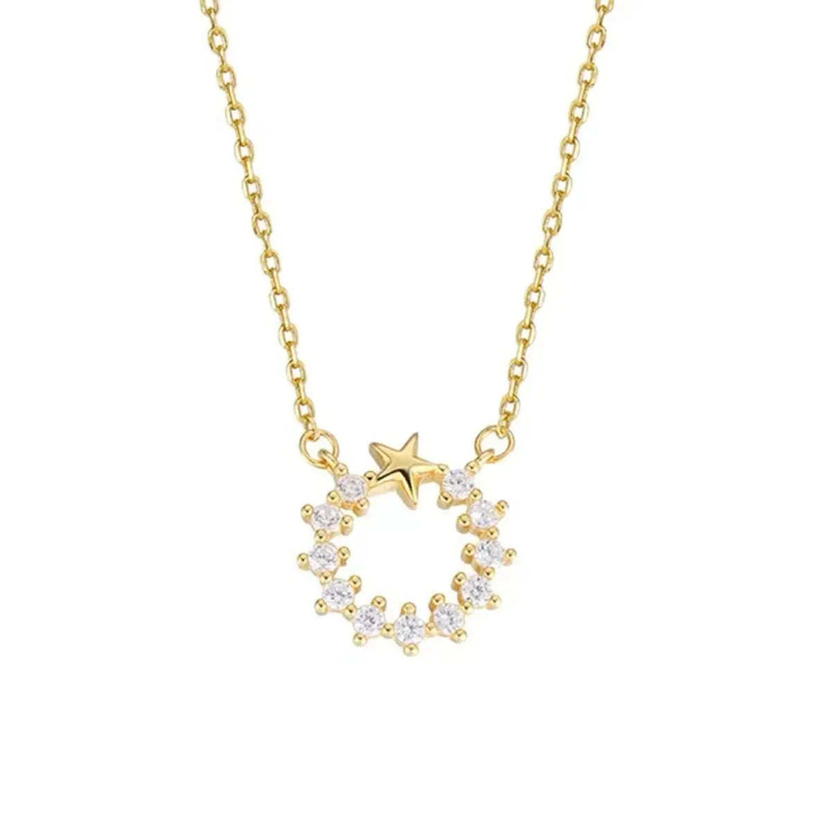 Wholesale Simple Style Circle Star Sterling Silver 14k Gold Plated Zircon Necklace