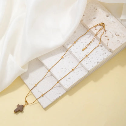 Wholesale Simple Style Classic Style Cross Stainless Steel Natural Stone Plating Chain Gold Plated Pendant Necklace