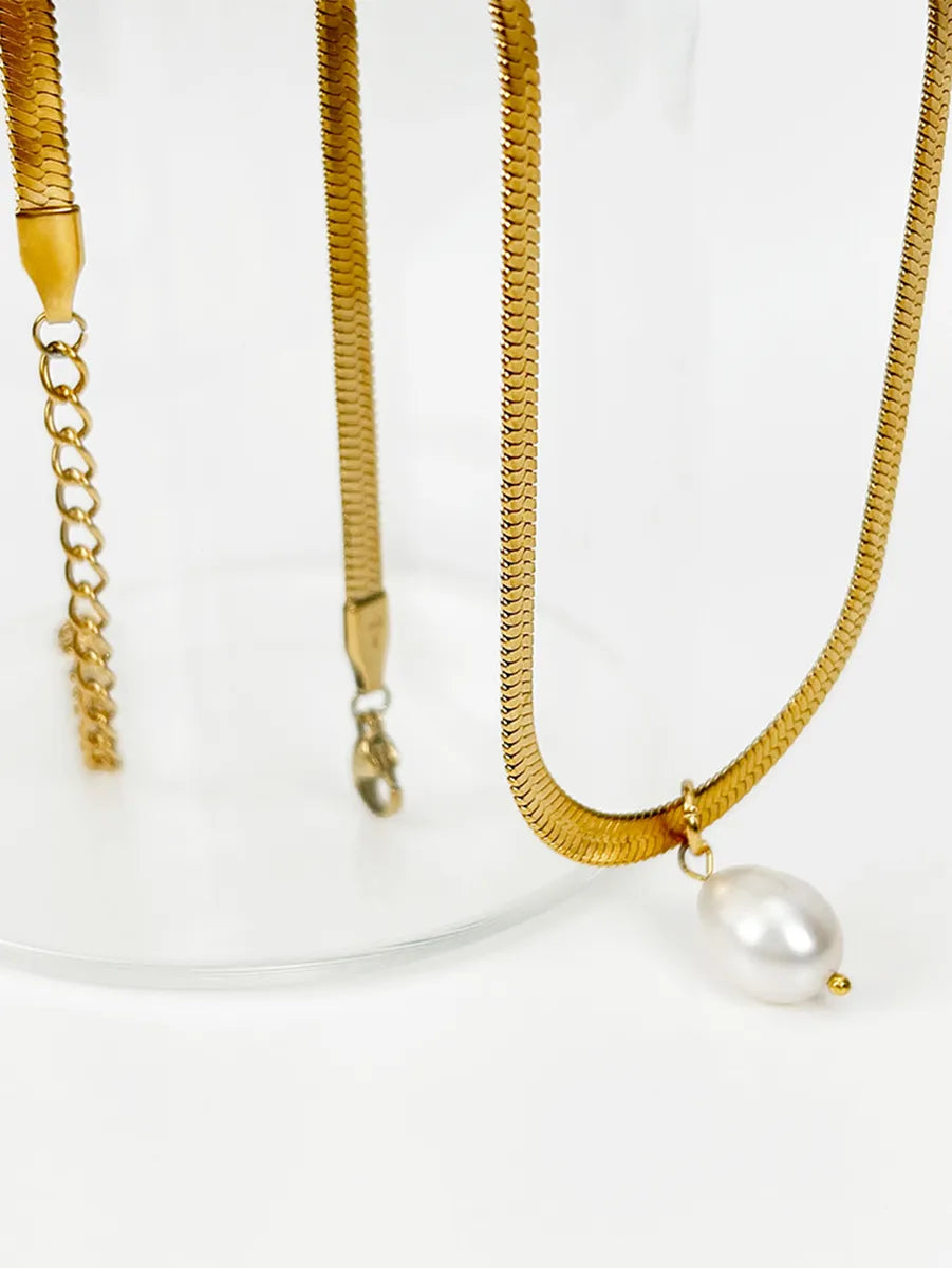 Simple Style Classic Style Geometric Stainless Steel Freshwater Pearl Plating 18k Gold Plated Pendant Necklace