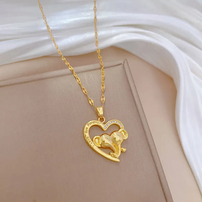 Wholesale Simple Style Classic Style Heart Shape Elephant Titanium Steel Copper Hollow Out Inlay Zircon Pendant Necklace