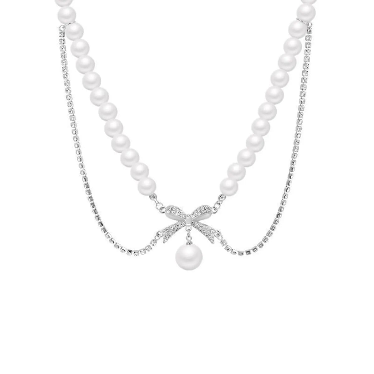 Wholesale Simple Style Commute Bow Knot Mother Pearl Shellfish Titanium Steel Beaded Layered Necklaces