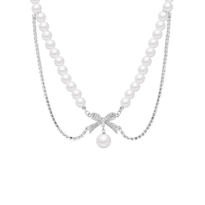 Wholesale Simple Style Commute Bow Knot Mother Pearl Shellfish Titanium Steel Beaded Layered Necklaces