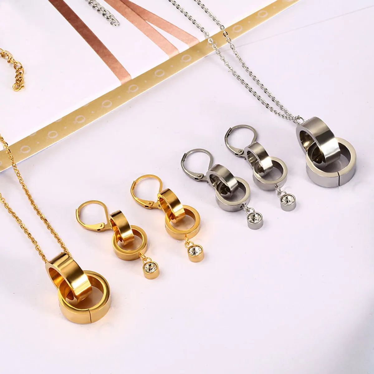 Wholesale Simple Style Commute Double Ring Titanium Steel Polishing Plating Inlay Zircon Jewelry Set