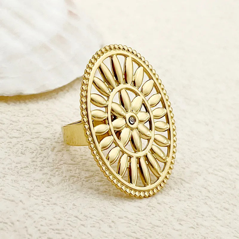 304 Stainless Steel 14K Gold Plated Simple Style Commute Plating Flower Zircon Open Rings