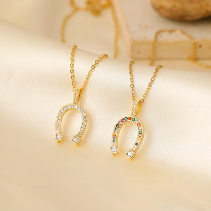 Wholesale Simple Style Commute Horseshoe U-Shaped Copper Plating Inlay 18K Gold Plated White Gold Plated Zircon Pendant Necklace