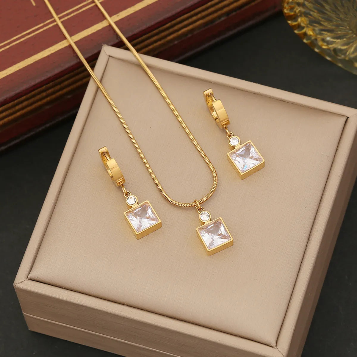 Wholesale Simple Style Commute Korean Style Square Stainless Steel Plating Inlay Glass Earrings Necklace