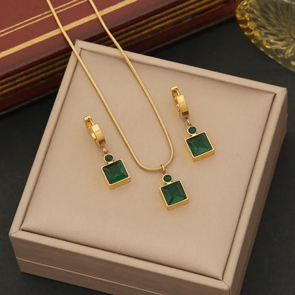 Wholesale Simple Style Commute Korean Style Square Stainless Steel Plating Inlay Glass Earrings Necklace