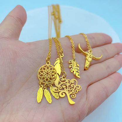 Wholesale Simple Style Dreamcatcher Plant Titanium Steel Pendant Necklace