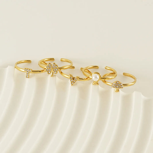 Wholesale Simple Style Four Leaf Clover Letter Mushroom Stainless Steel 18k Gold Plated Rhinestones Open Ring