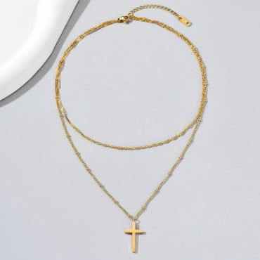 Simple Style Geometric Cross Titanium Steel Layered Plating 18k Gold Plated Double Layer Necklaces