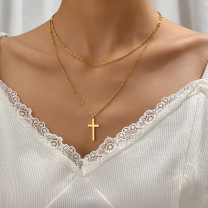 Simple Style Geometric Cross Titanium Steel Layered Plating 18k Gold Plated Double Layer Necklaces