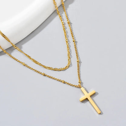 Simple Style Geometric Cross Titanium Steel Layered Plating 18k Gold Plated Double Layer Necklaces