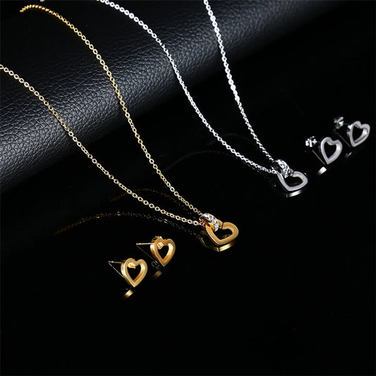 Wholesale Simple Style Heart Shape Stainless Steel Titanium Steel Plating Inlay Zircon Jewelry Set