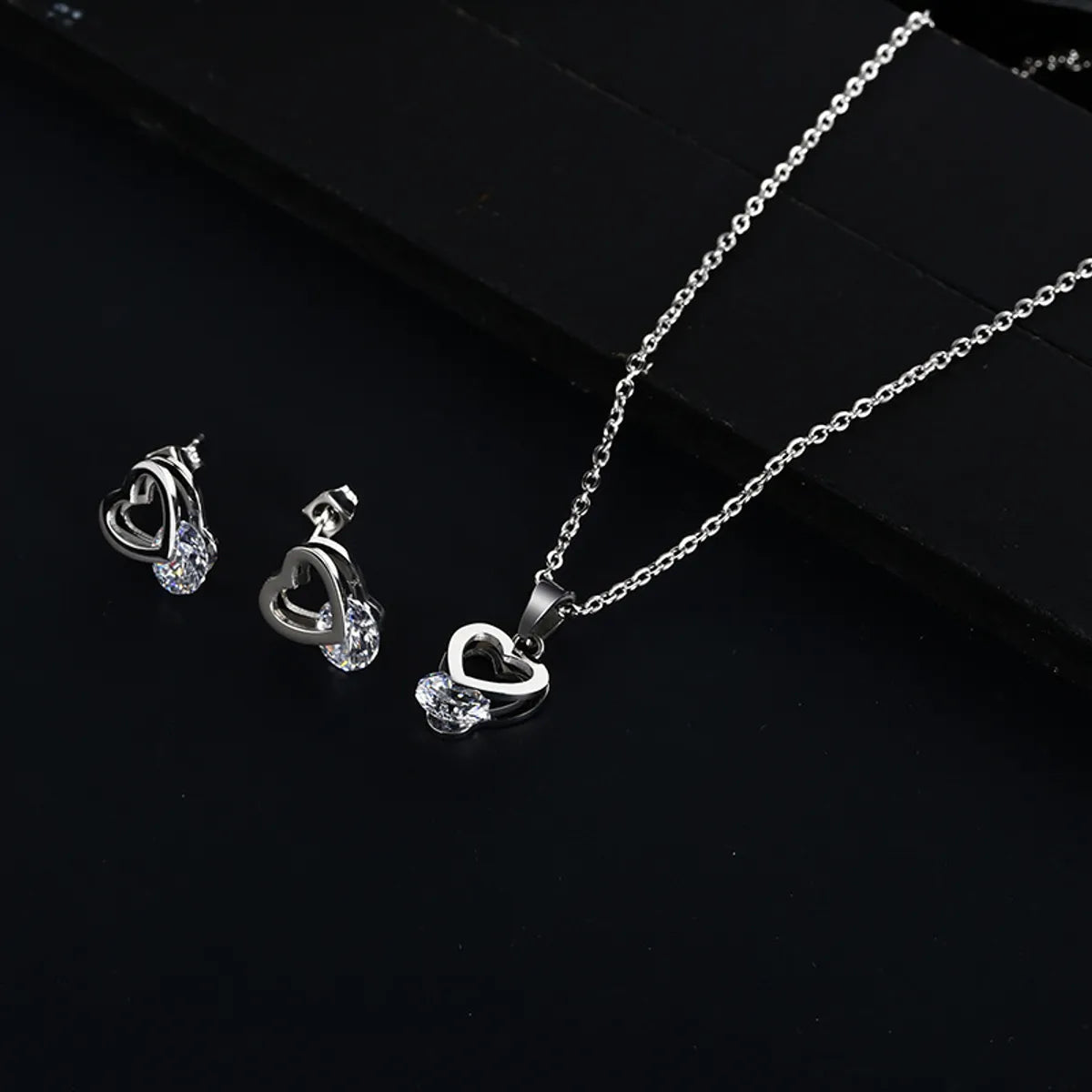 Wholesale Simple Style Heart Shape Titanium Steel Inlay Artificial Gemstones Jewelry Set