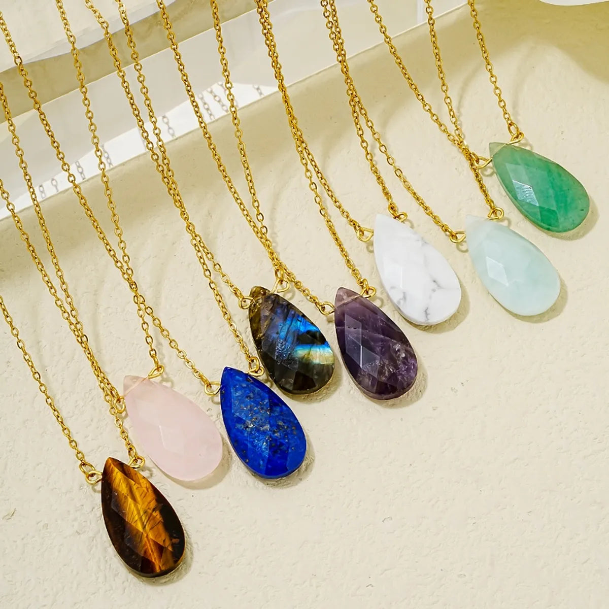 Wholesale Simple Style Oval Water Droplets Stainless Steel Natural Stone Plating Chain Pendant Necklace