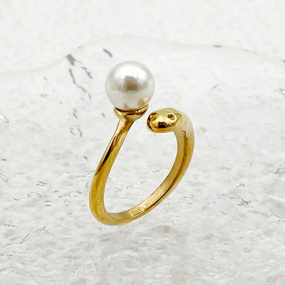 304 Stainless Steel Gold Plated Simple Style Roman Style Commute Plating Inlay Round Pearl Rings