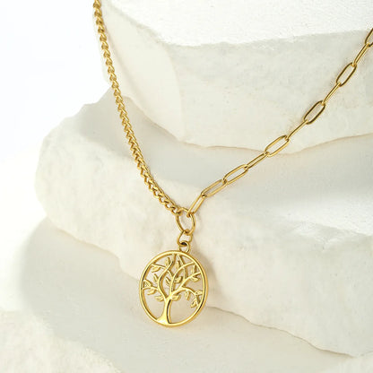 Wholesale Simple Style Shiny Bc1035 Lucky Tree Stainless Steel Polishing Plating 18k Gold Plated Pendant Necklace