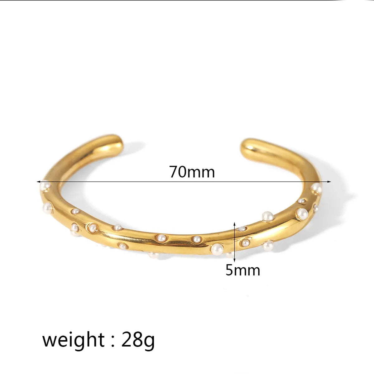 Wholesale Simple Style Solid Color Stainless Steel Polishing Plating Inlay 18k Gold Plated Pearl Zircon Bangle