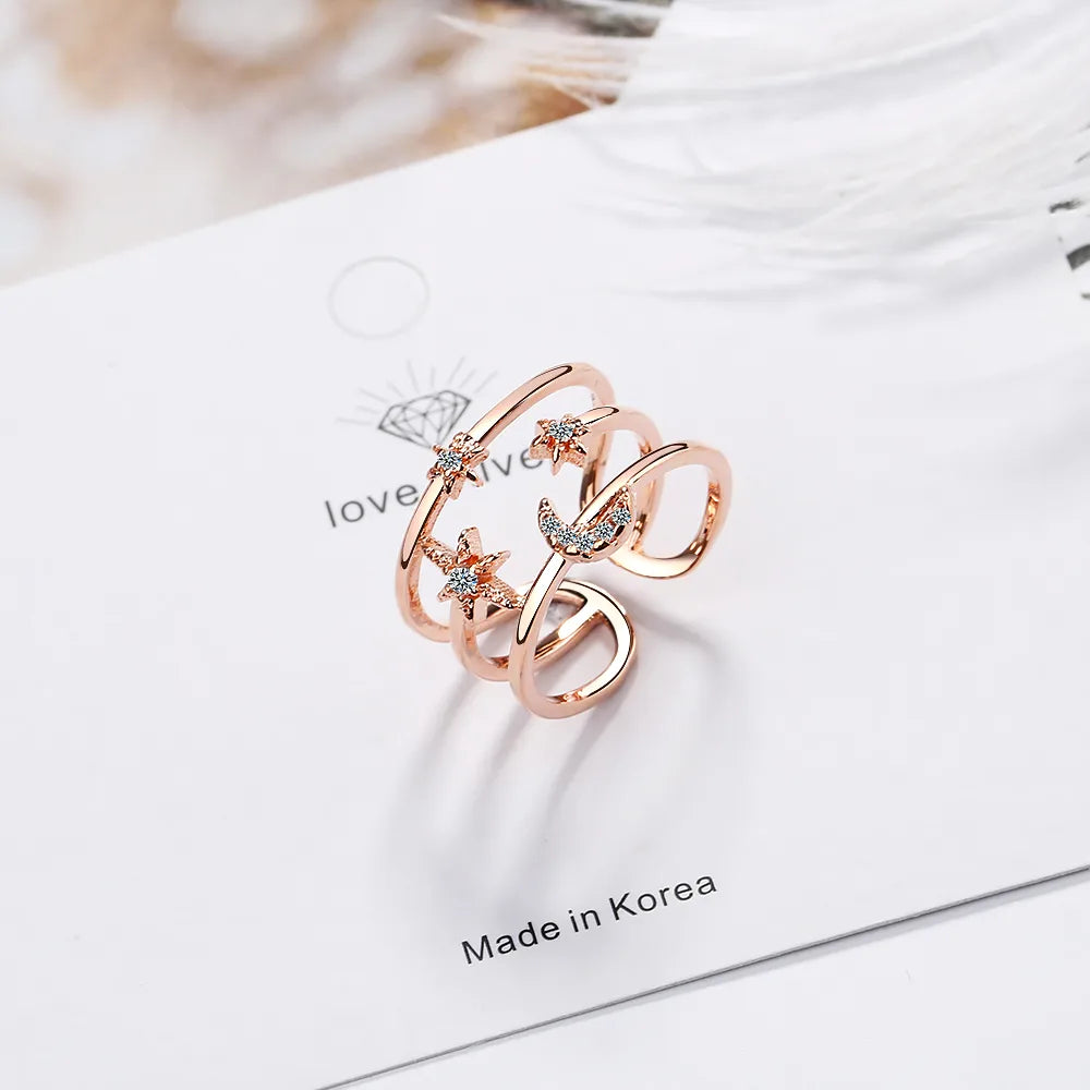 Wholesale Simple Style Star Moon Copper Inlay White Gold Plated Zircon Open Rings