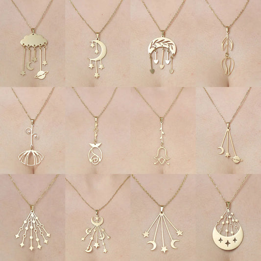 Wholesale Simple Style Star Moon Leaves Stainless Steel Titanium Steel Polishing Plating Pendant Necklace