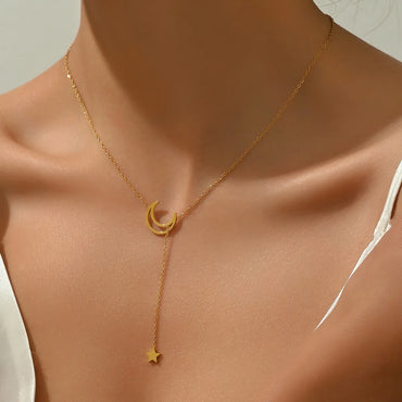 Wholesale Simple Style Star Moon Stainless Steel 14k Gold Plated Necklace