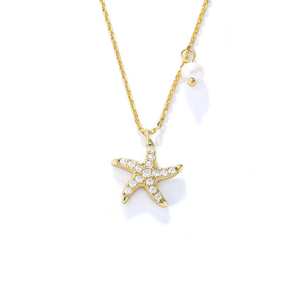 Wholesale Simple Style Starfish Sterling Silver Artificial Pearls Rhinestones Pendant Necklace