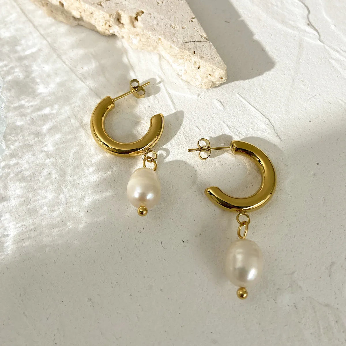 Fashion Geometric Plating Stainless Steel Pearl Gold Plated Earrings