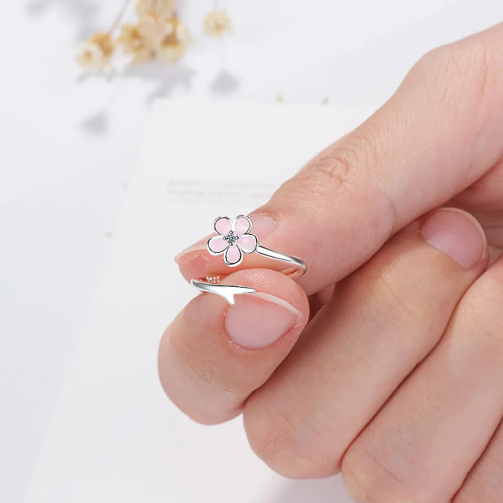 Wholesale Sweet Flower Copper Epoxy Inlay Silver Plated Zircon Open Rings