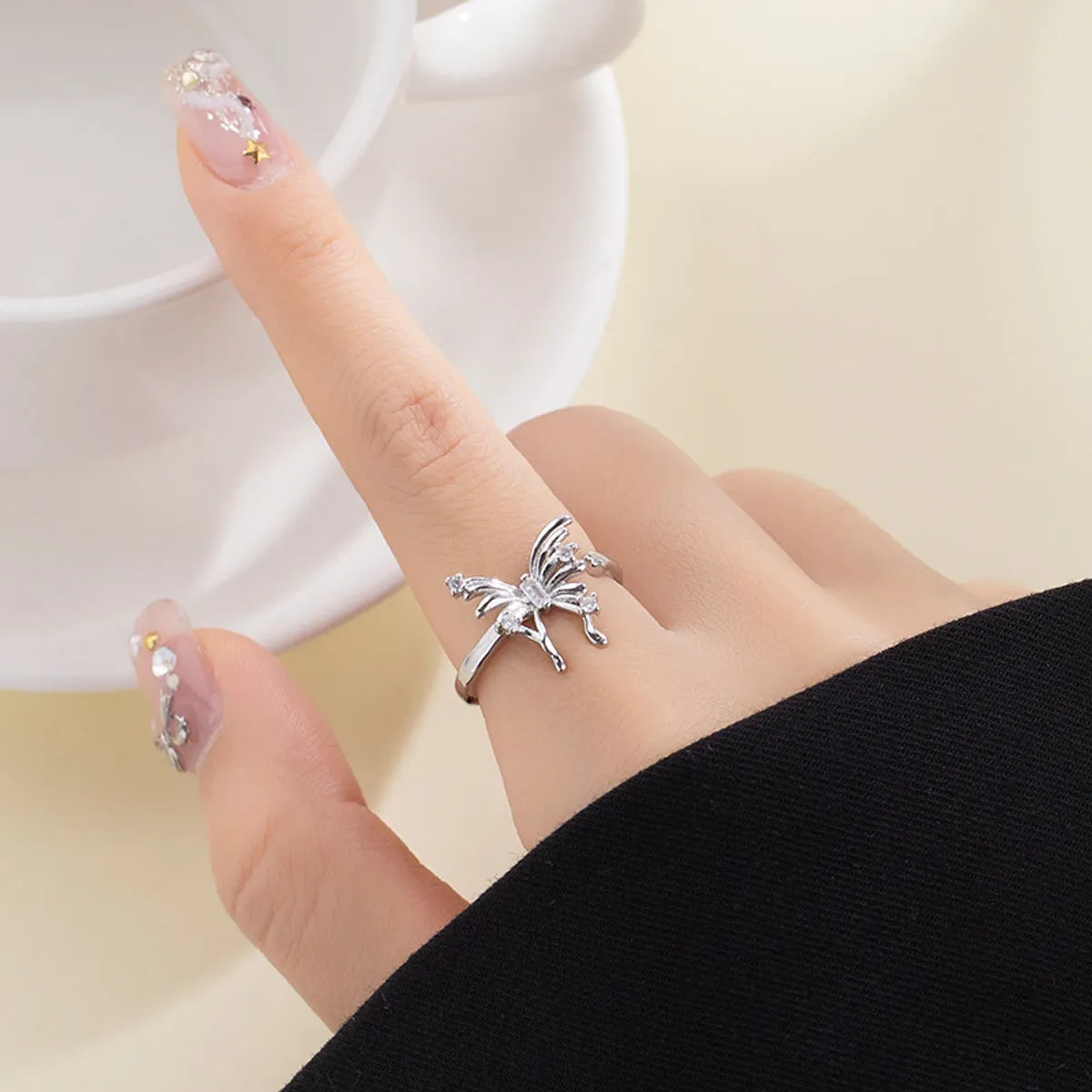 Wholesale Sweet Simple Style Butterfly Copper Polishing Inlay Zircon Open Rings