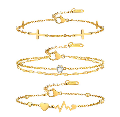 Wholesale Sweet Simple Style Cross Electrocardiogram Heart Shape Stainless Steel Plating Inlay 18k Gold Plated Zircon Bracelets