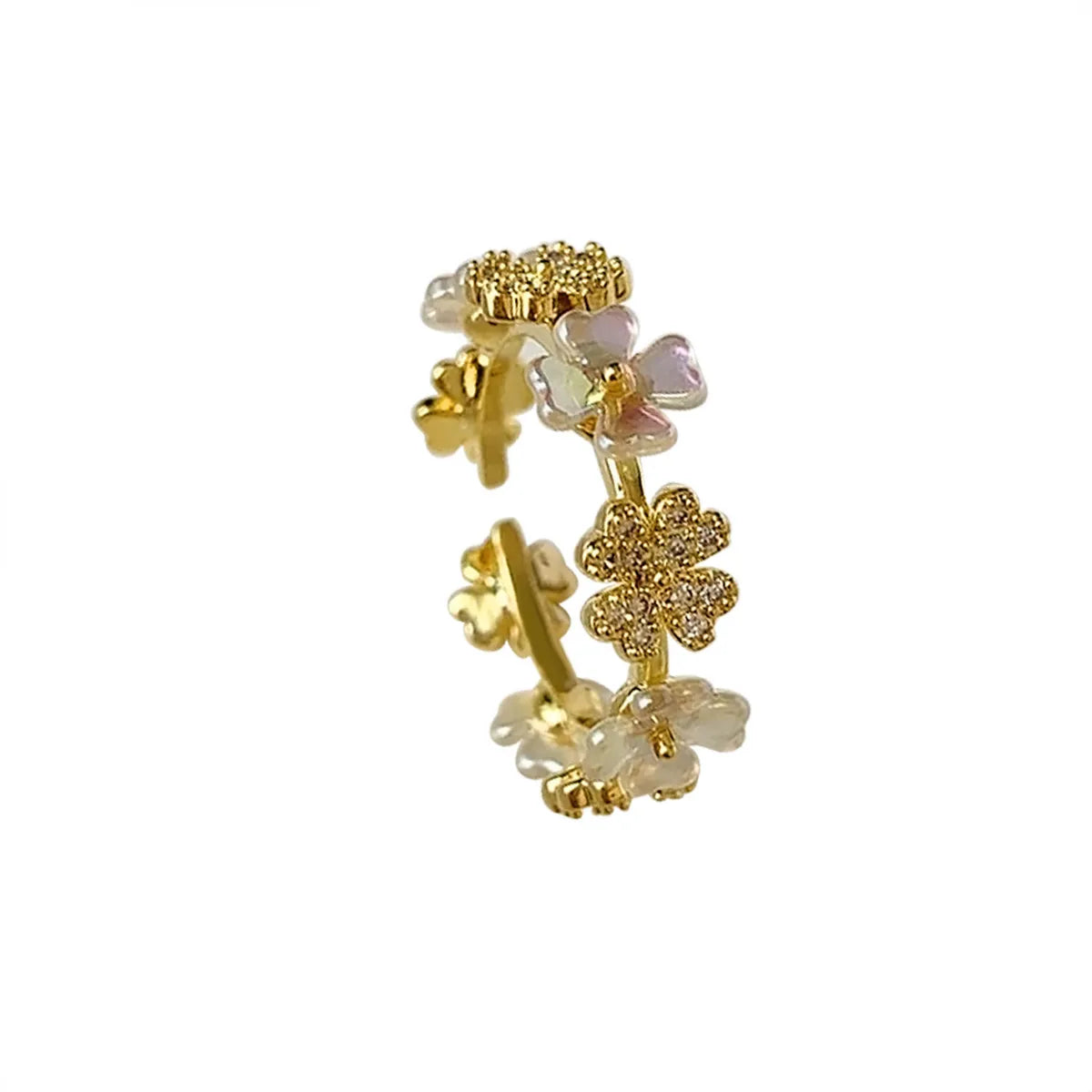 Wholesale Vacation Flower Copper Plating Inlay 18K Gold Plated Zircon Open Rings