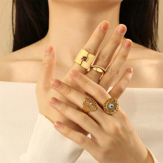 Wholesale Vintage Style Ethnic Style Round Square Eye Copper Plating Inlay 18K Gold Plated Zircon Open Rings