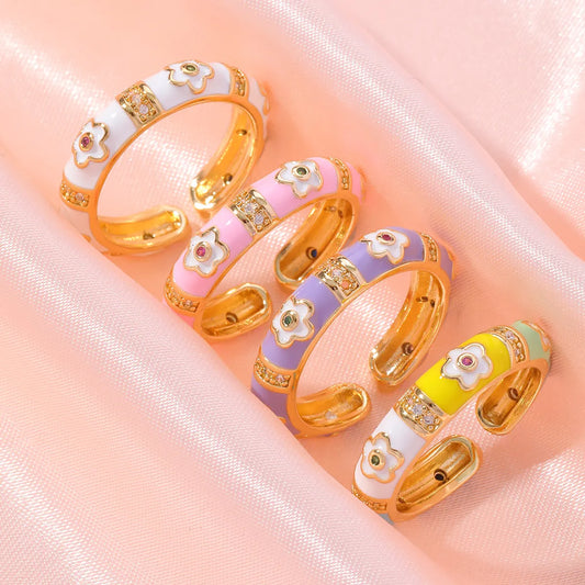 Wholesale Vintage Style Flower Copper Inlay Artificial Gemstones Open Rings