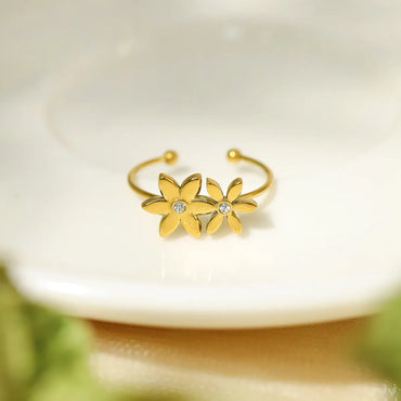 Vintage Style Flower Stainless Steel Titanium Steel Plating Inlay Zircon 18k Gold Plated Open Rings