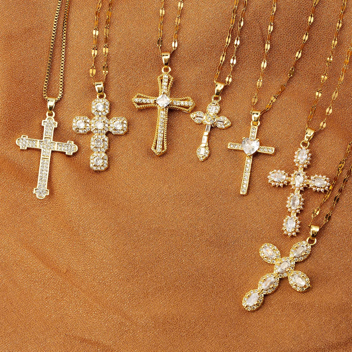 Vintage Style Geometric Cross Stainless Steel Plating Inlay Rhinestones Pearl Zircon 18k Gold Plated Pendant Necklace