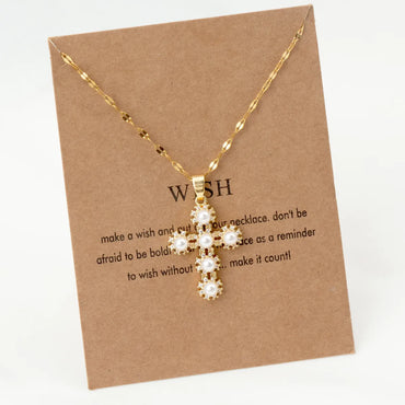 Vintage Style Geometric Cross Stainless Steel Plating Inlay Rhinestones Pearl Zircon 18k Gold Plated Pendant Necklace