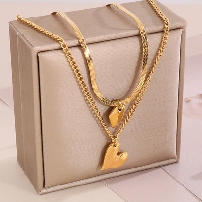 Wholesale Jewelry Vintage Style Heart Shape Solid Color Titanium Steel 18K Gold Plated Plating Double Layer Necklaces