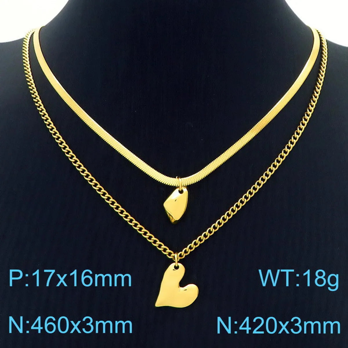 Wholesale Jewelry Vintage Style Heart Shape Solid Color Titanium Steel 18K Gold Plated Plating Double Layer Necklaces