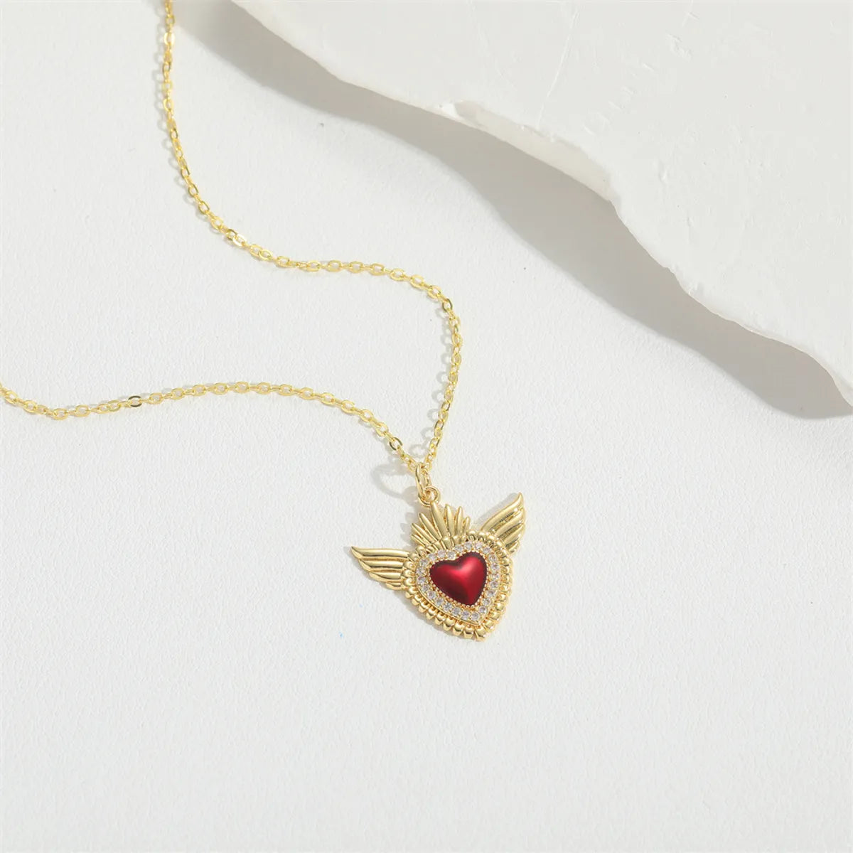 Copper 14K Gold Plated Vintage Style Simple Style Commute Enamel Inlay Heart Shape Wings Zircon Pendant Necklace