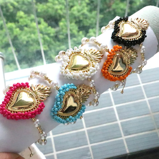 Wholesale Vintage Style Simple Style Heart Shape Copper Beaded Plating 18K Gold Plated Bracelets