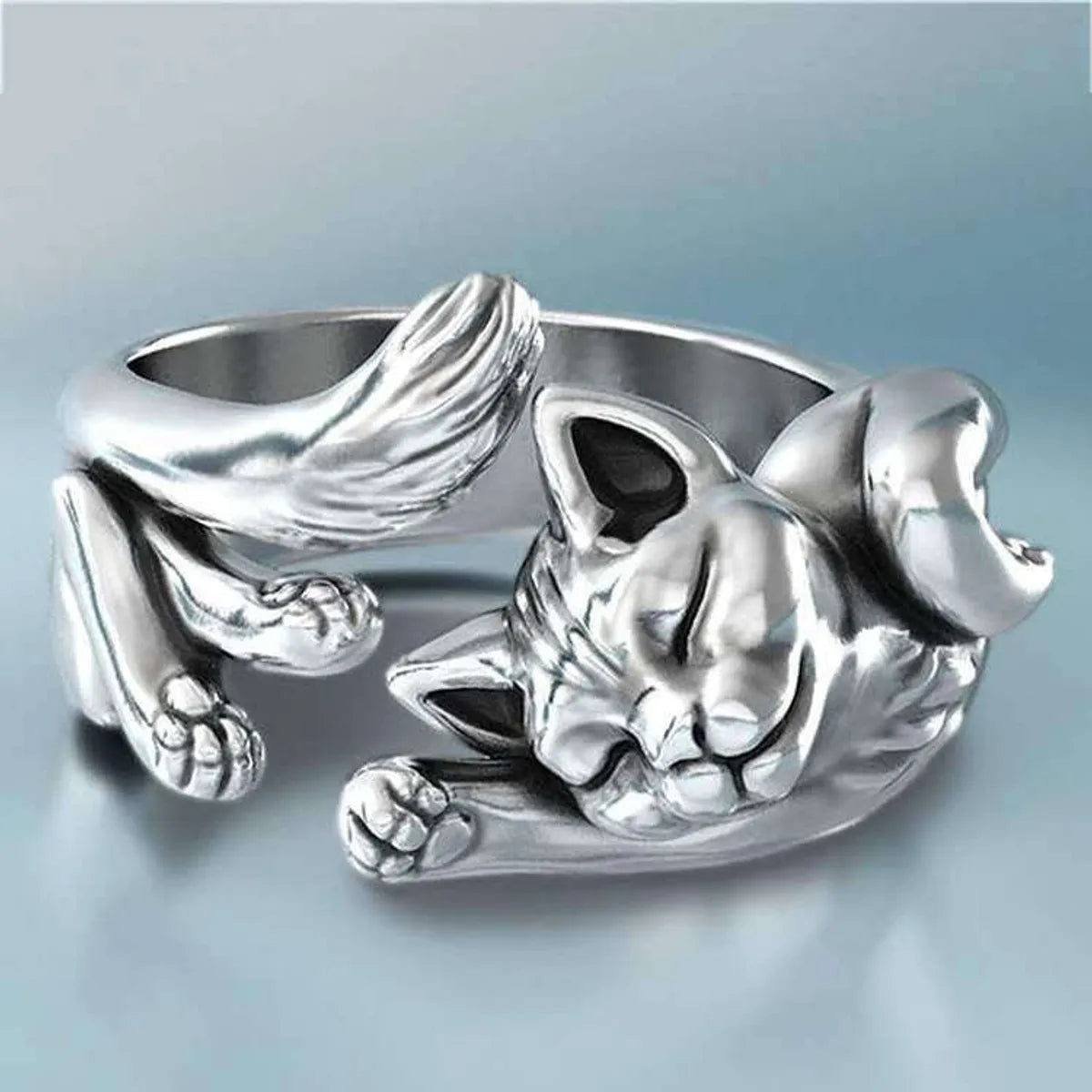 New Kitten Open Ring European And American Plated 925 Retro Thai Silver Black Live Cat Totem Ring