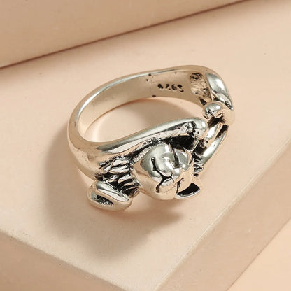 New Kitten Open Ring European And American Plated 925 Retro Thai Silver Black Live Cat Totem Ring