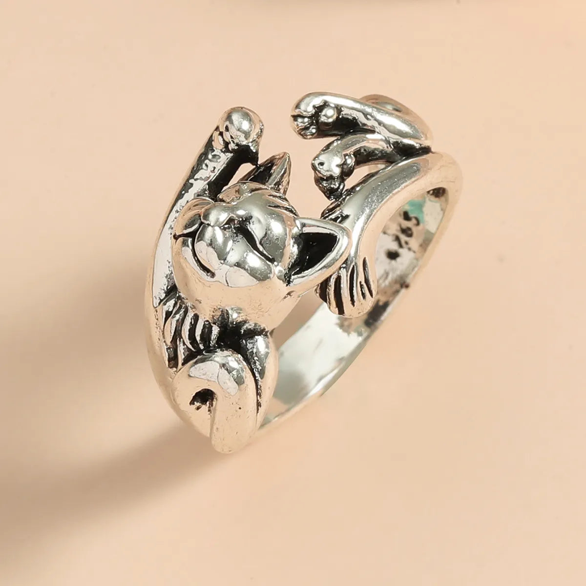 New Kitten Open Ring European And American Plated 925 Retro Thai Silver Black Live Cat Totem Ring