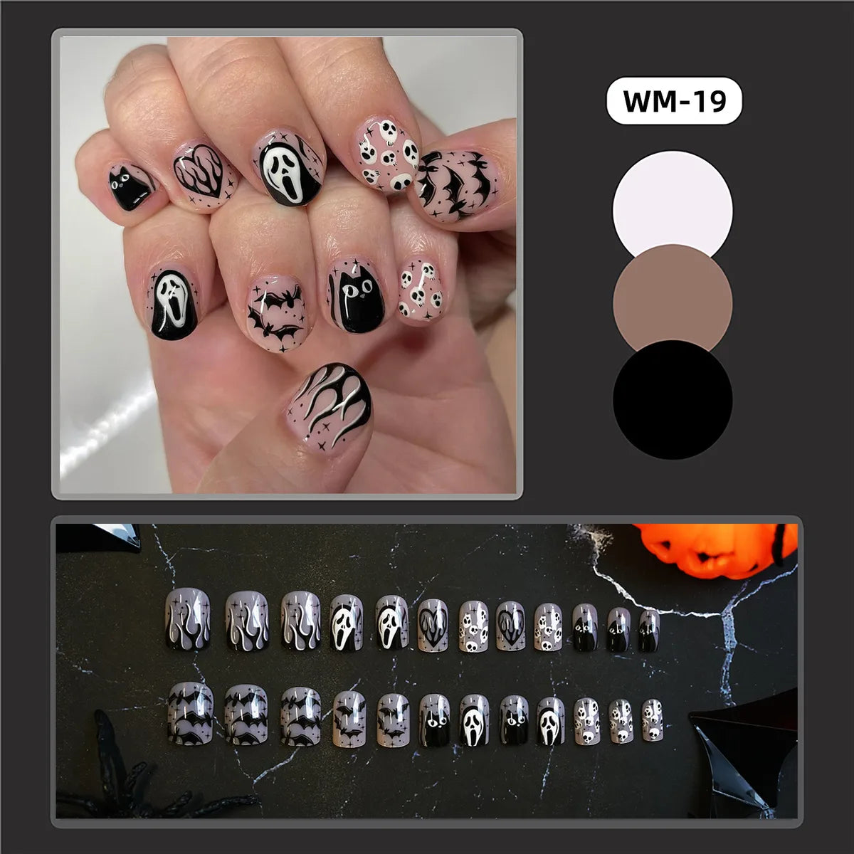 WM-19 Ghost Black Cat Short Square Fake Nail Tip Halloween Festival Black And White Bat Wear Nail Piece Wholesale