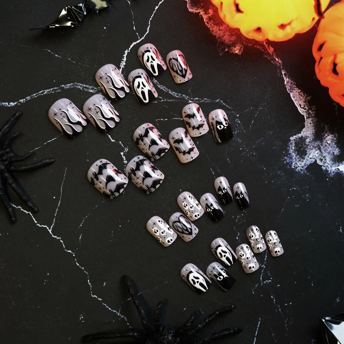 WM-19 Ghost Black Cat Short Square Fake Nail Tip Halloween Festival Black And White Bat Wear Nail Piece Wholesale