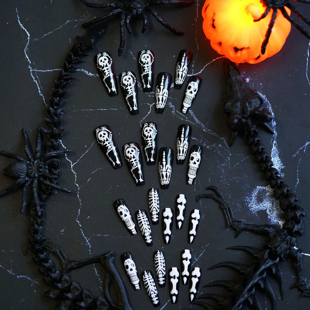 WM-980000 Saint Skull Long T Fake Nail Tip Halloween Festival Black And White Bone Wear Nail Piece Wholesale