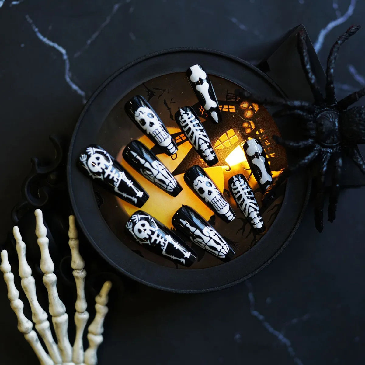 WM-980000 Saint Skull Long T Fake Nail Tip Halloween Festival Black And White Bone Wear Nail Piece Wholesale