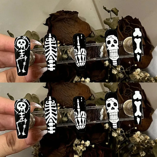 WM-980000 Saint Skull Long T Fake Nail Tip Halloween Festival Black And White Bone Wear Nail Piece Wholesale